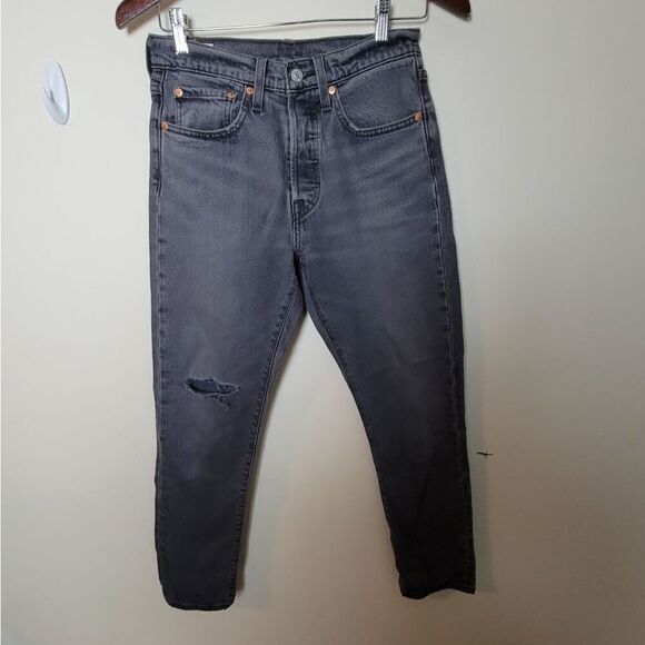 Levis 501 Premium Skinny Distress Denim Jeans Black/ Grey 26×28 - Picture 1 of 8